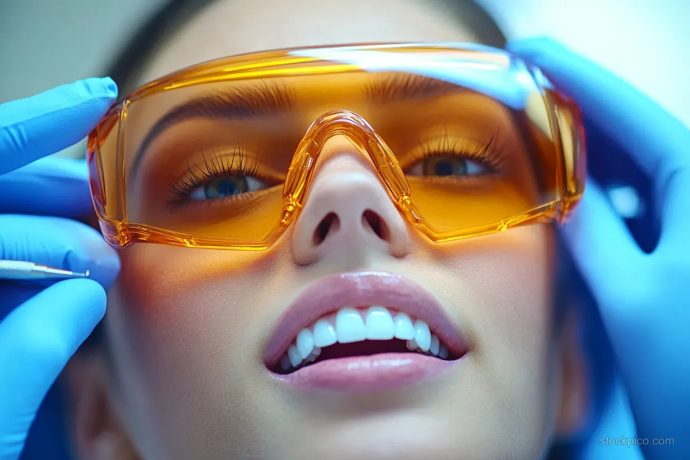 Dental professional in amber safety glasses and blue gloves holds a tool near a smiling patient’s mouth showing bright teeth.