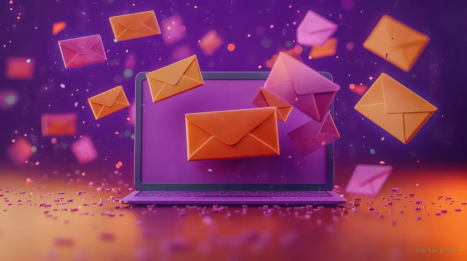 A 3D laptop with flying envelopes surrounded by glowing purple and orange email marketing visuals.