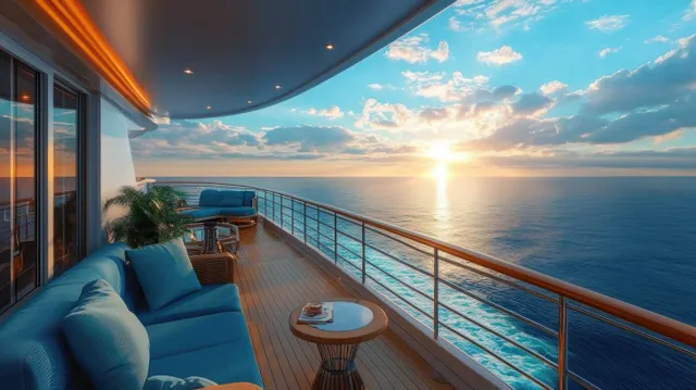 Blue sofa lounge on a yacht deck with small tables, facing a calm ocean sunset with partly cloudy sky.