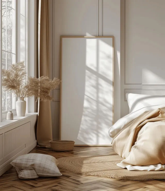 Scandinavian bedroom interior with a white wall frame mockup, beige plaid bedding, and sunlight through curtains.