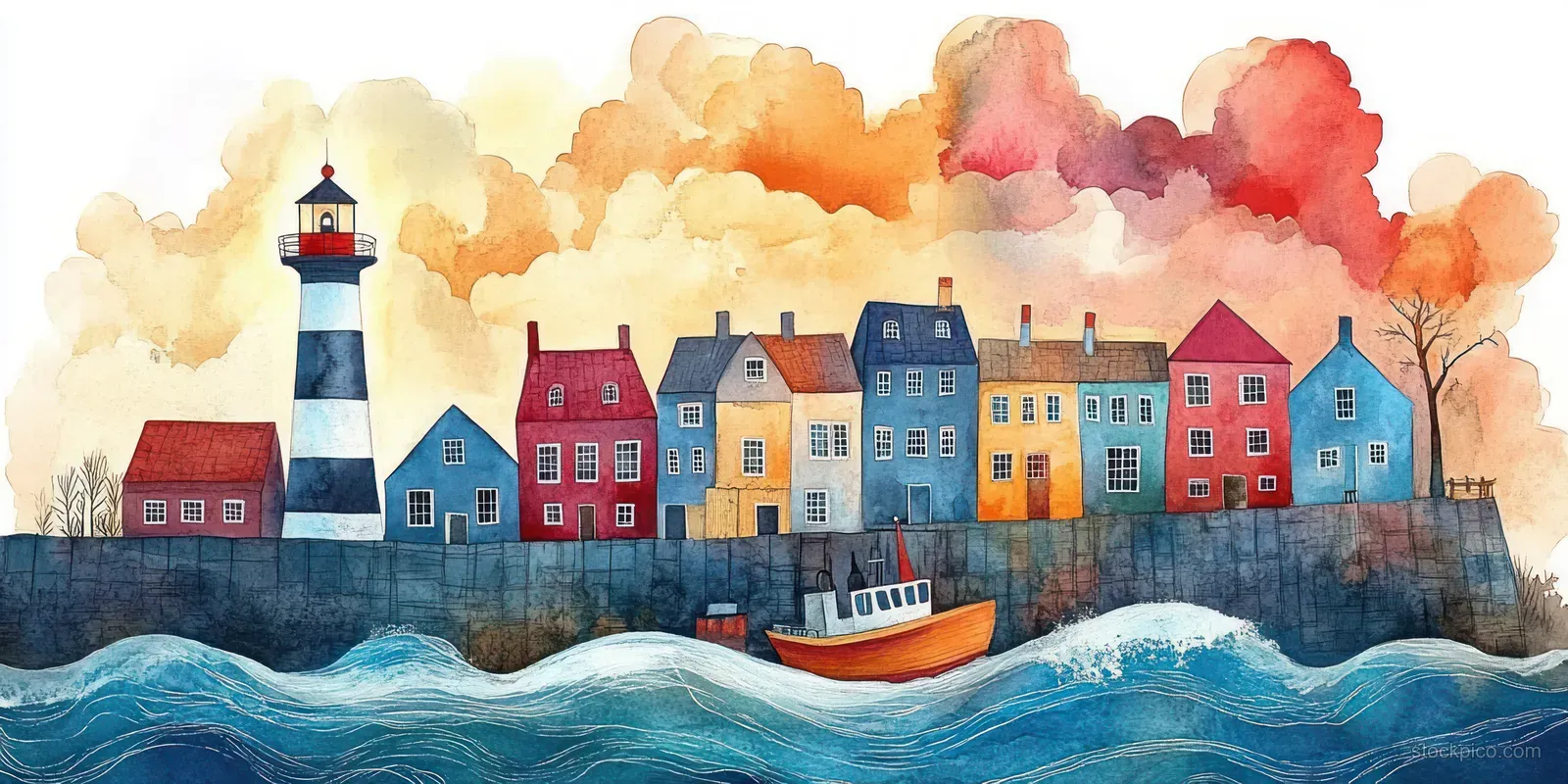 A lighthouse and colorful seaside houses appear along the shore with a small boat on churning blue waves.