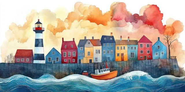 Colorful coastal town houses and lighthouse beside churning waves in watercolor illustration