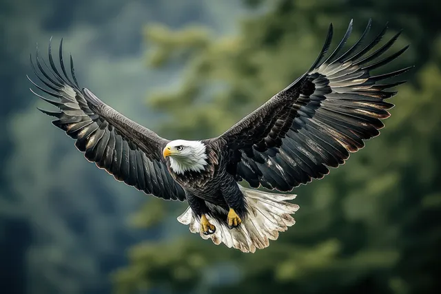 A bald eagle spreads its wings while flying against a softly blurred green forest background.