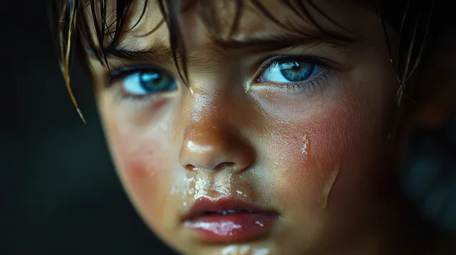 Close-up of a child crying with tear streaks and vivid blue eyes in natural light