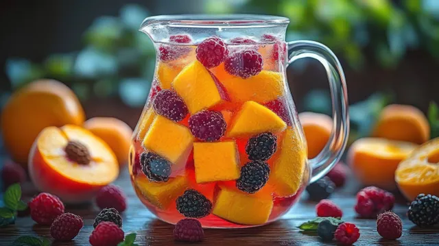 A glass pitcher filled with peach cubes and mixed berries sits on a rustic wooden table with blurred fruit in the background.
