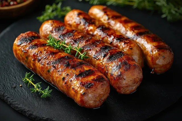 Four grilled sausage links with char marks on a black stone plate, garnished with fresh green herbs.