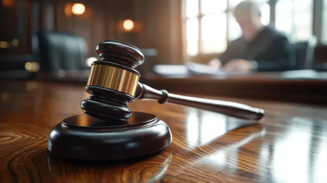 A close-up of a wooden gavel with a golden band on a polished courtroom table, with a blurred judge in the background.