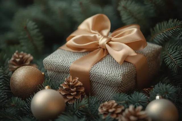 Christmas gift box with satin bow on pine needles surrounded by gold baubles under warm bokeh lighting.