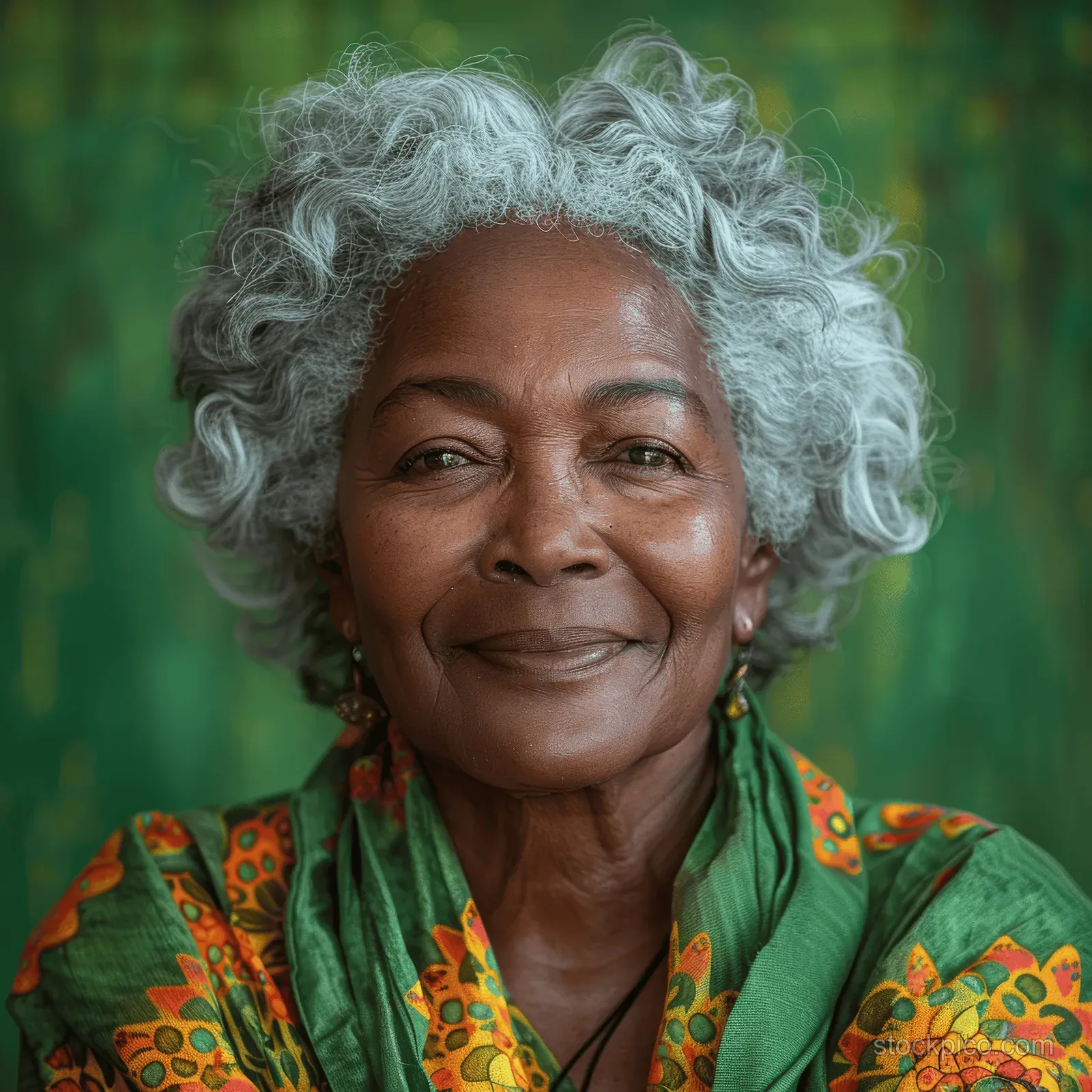 Smiling senior Black woman with curly gray hair posed for a studio portrait against a green background.