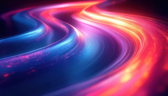Estelas de luz neón rosas y azules se arremolinan sobre un fondo abstracto oscuro con brillantes curvas resplandecientes.