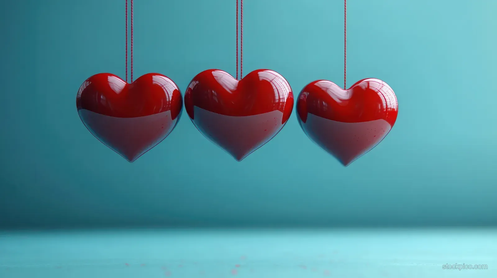 Three glossy red hearts hang from strings against a smooth teal background with reflective highlights.
