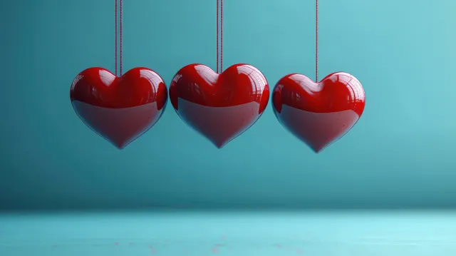 Three glossy red heart ornaments hang from strings against a smooth teal wall