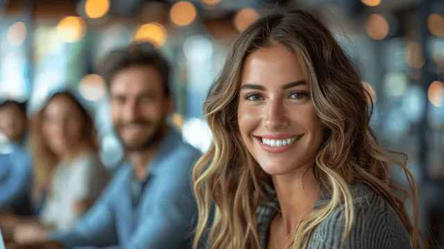 Smiling colleagues collaborating around laptop in modern office workspace