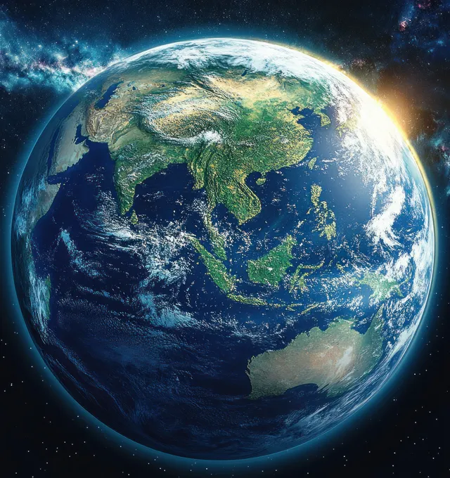 Earth seen from space with illuminated clouds, blue oceans, and swirling weather over the curved horizon.