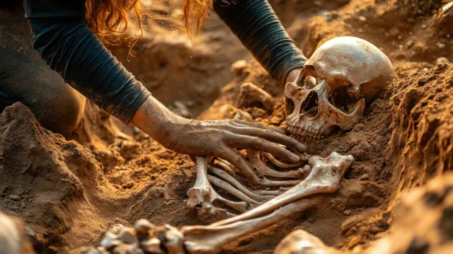 Gloved hands uncover a buried human skeleton, including skull and ribcage, in a dusty archaeological trench.