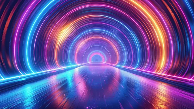 Glowing Neon Tunnel with Blue, Purple, and Orange Light Arches