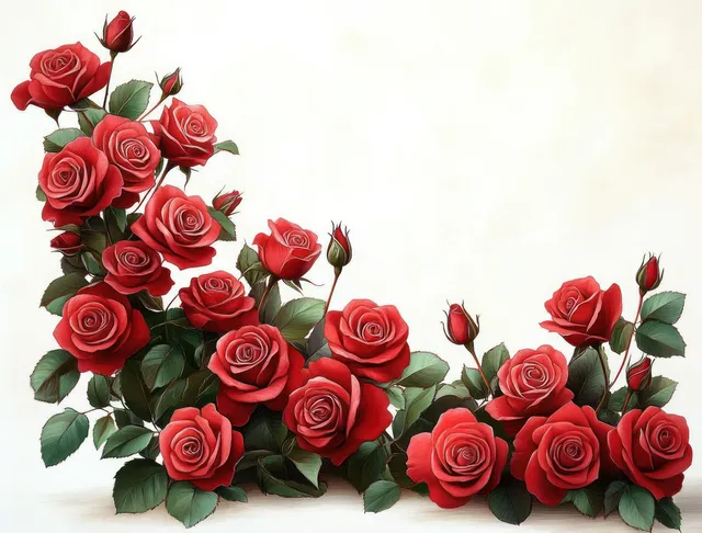 Red roses and rosebuds with green leaves arranged on a pale background.