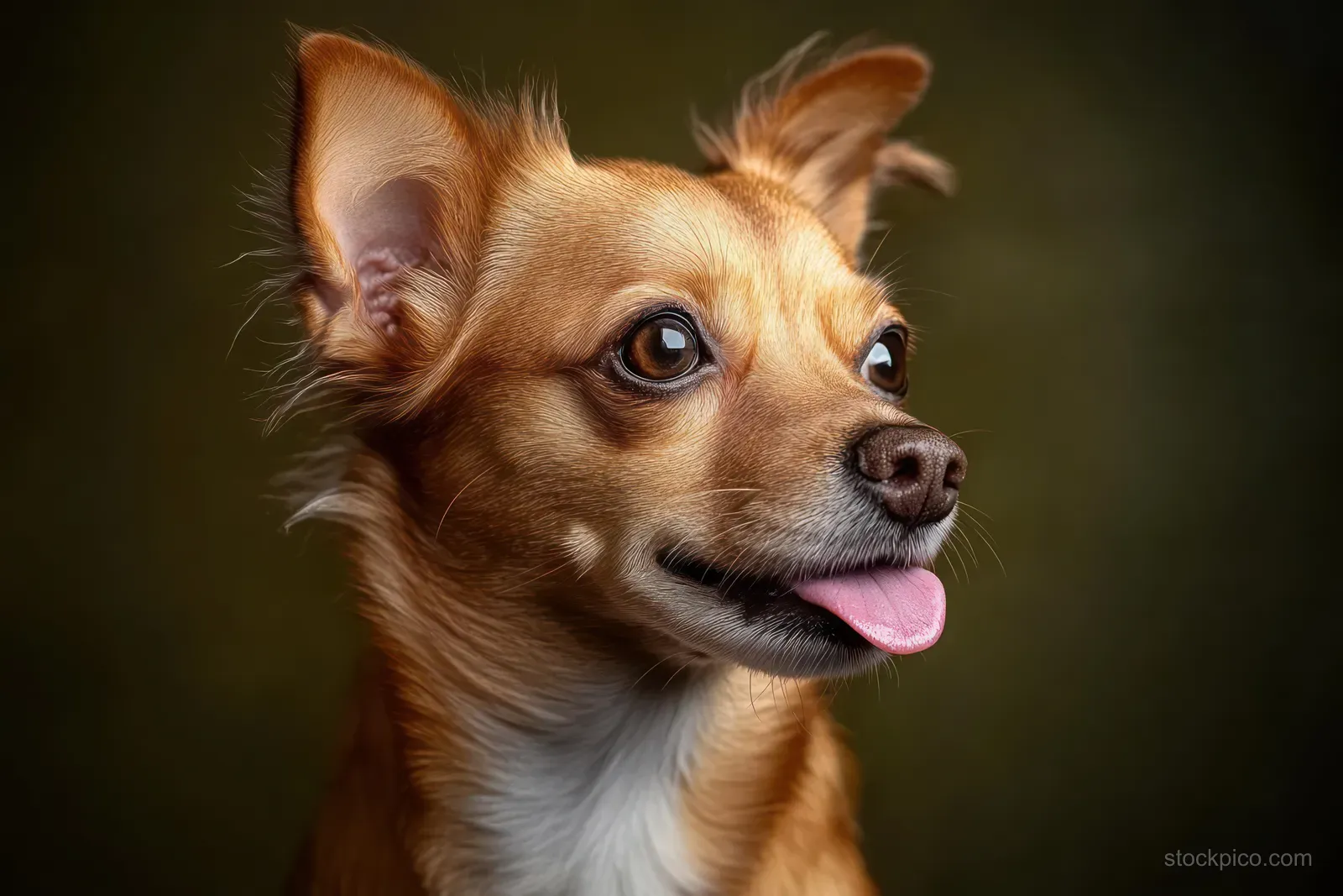 Small brown dog with tongue out looking right, alert ears, and friendly face against a dark blurred background.