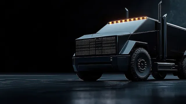 Black semi truck angled on a dark floor, isolated on black background with reflective surfaces and illuminated headlights.