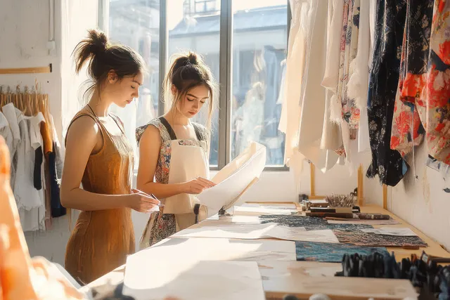 Two young women in aprons work on fabric patterns at a table surrounded by hanging textiles in sunlight.