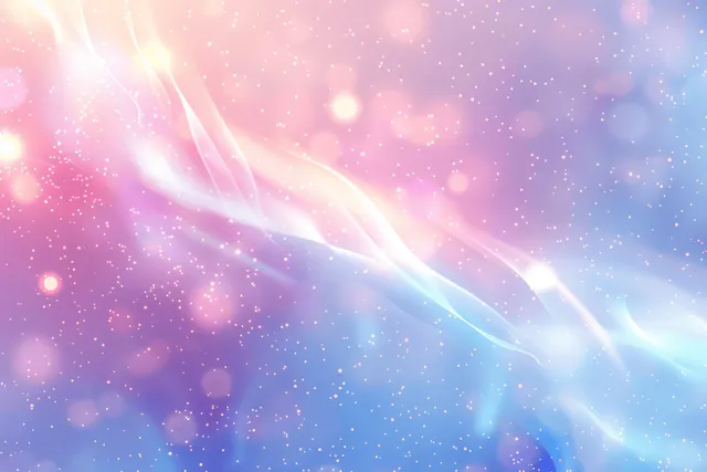 Pastel rainbow holographic lens flare over soft bokeh lights on blue white backdrop