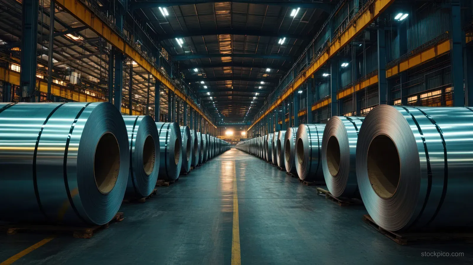 Long warehouse aisle lined with stacked steel coils beneath bright ceiling lights.