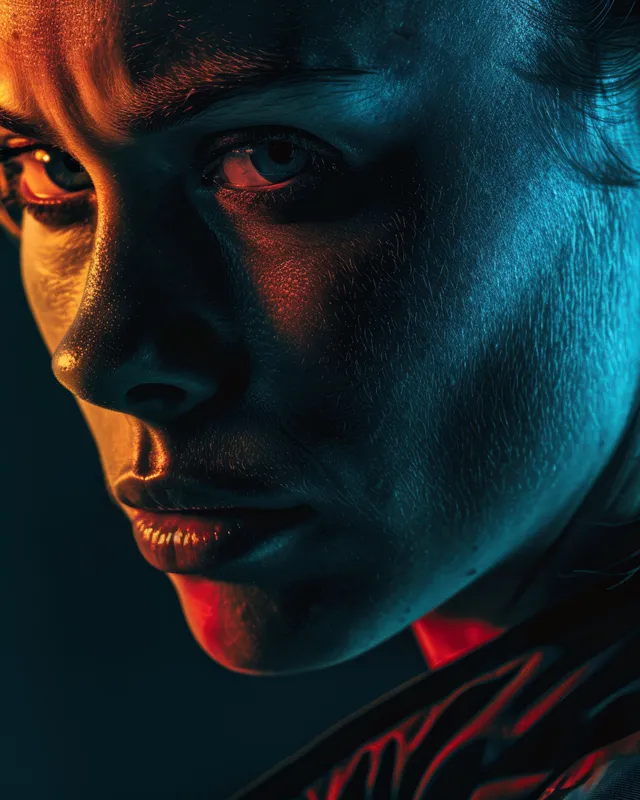 A German female athlete in close-up Olympic portrait with dramatic teal and orange lighting and a focused expression.