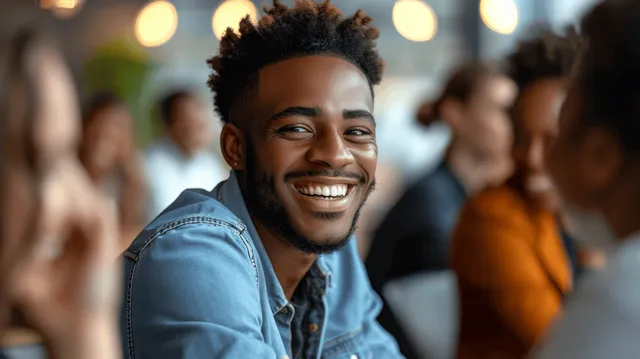 Smiling young man in denim shirt chatting at lively indoor social gathering