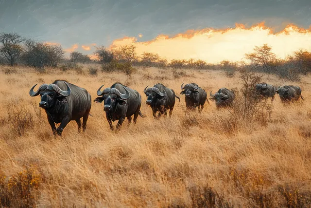 African buffalo herd walks through dry savanna grass beneath a warm sunset sky and dark clouds.