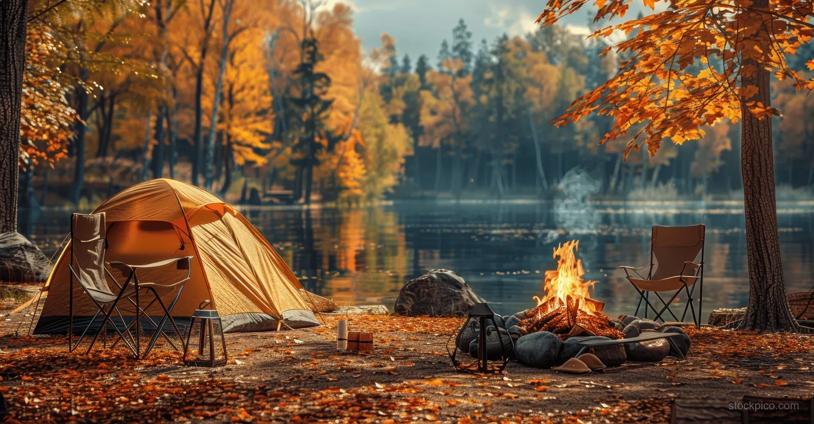 Orange camping tent and folding chairs beside a glowing bonfire on an autumn lake shore.