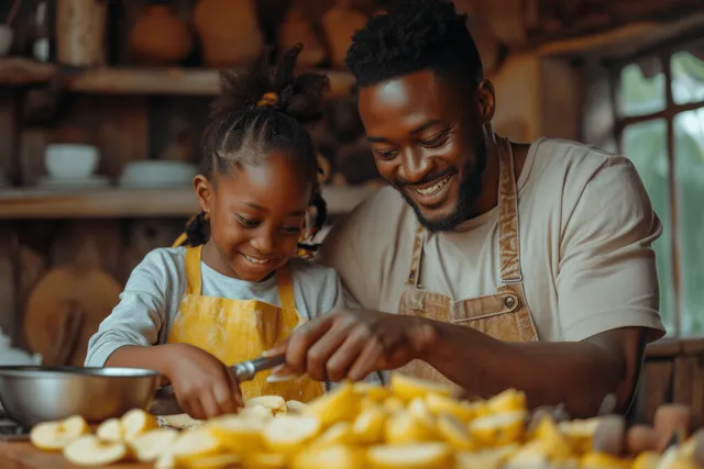 An African American father and daughter smile while shaping pancake batter at a kitchen counter.