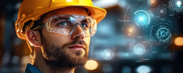 Industrial engineer in yellow hard hat checking holographic network in cyberpunk factory