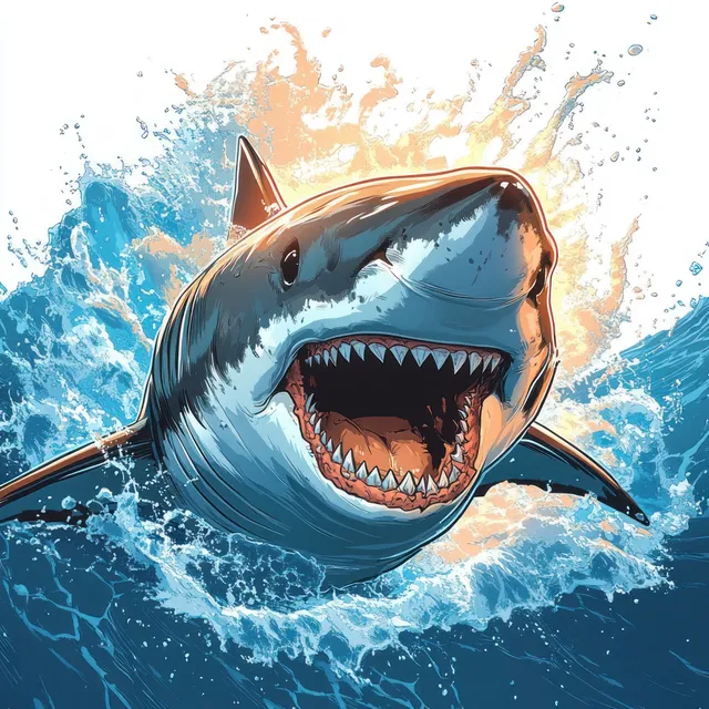 Great white shark surfacing with mouth open wide and sharp teeth, surrounded by splashing ocean water.