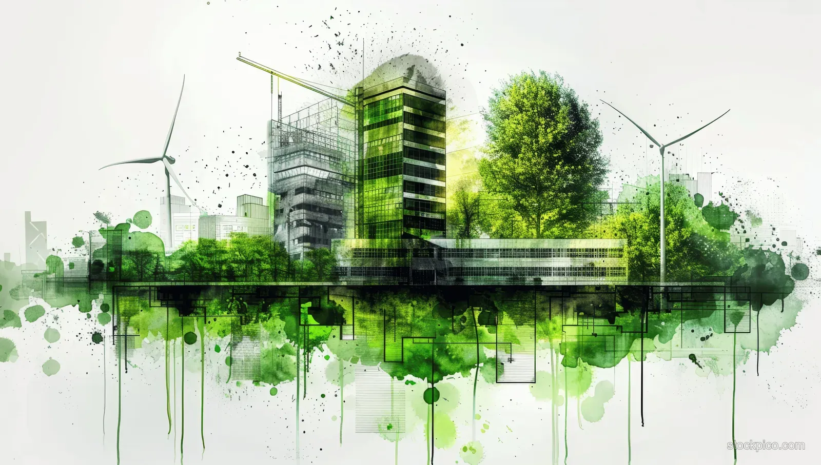 Eco industrial building concept sketch with solar panels and wind turbines shown over green watercolor splashes.