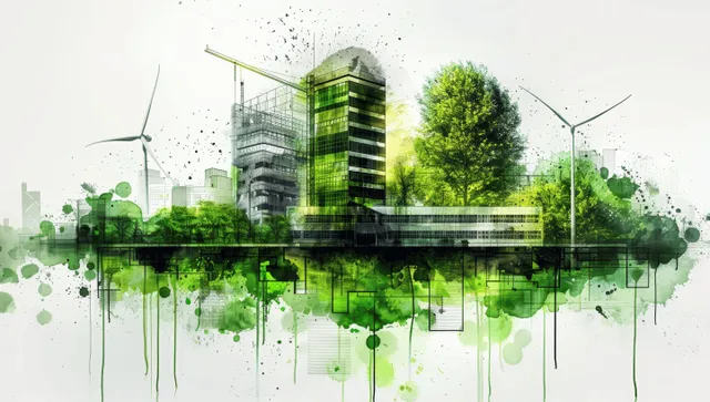 Eco industrial building concept sketch with solar panels and wind turbines shown over green watercolor splashes.