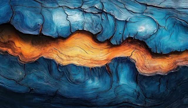 Close-up of cracked tree bark with swirling blue and orange color patterns across the rough wood texture.