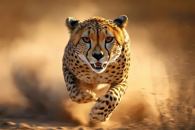 A cheetah runs toward the camera across dry grass, dust trailing behind and focused eyes forward.