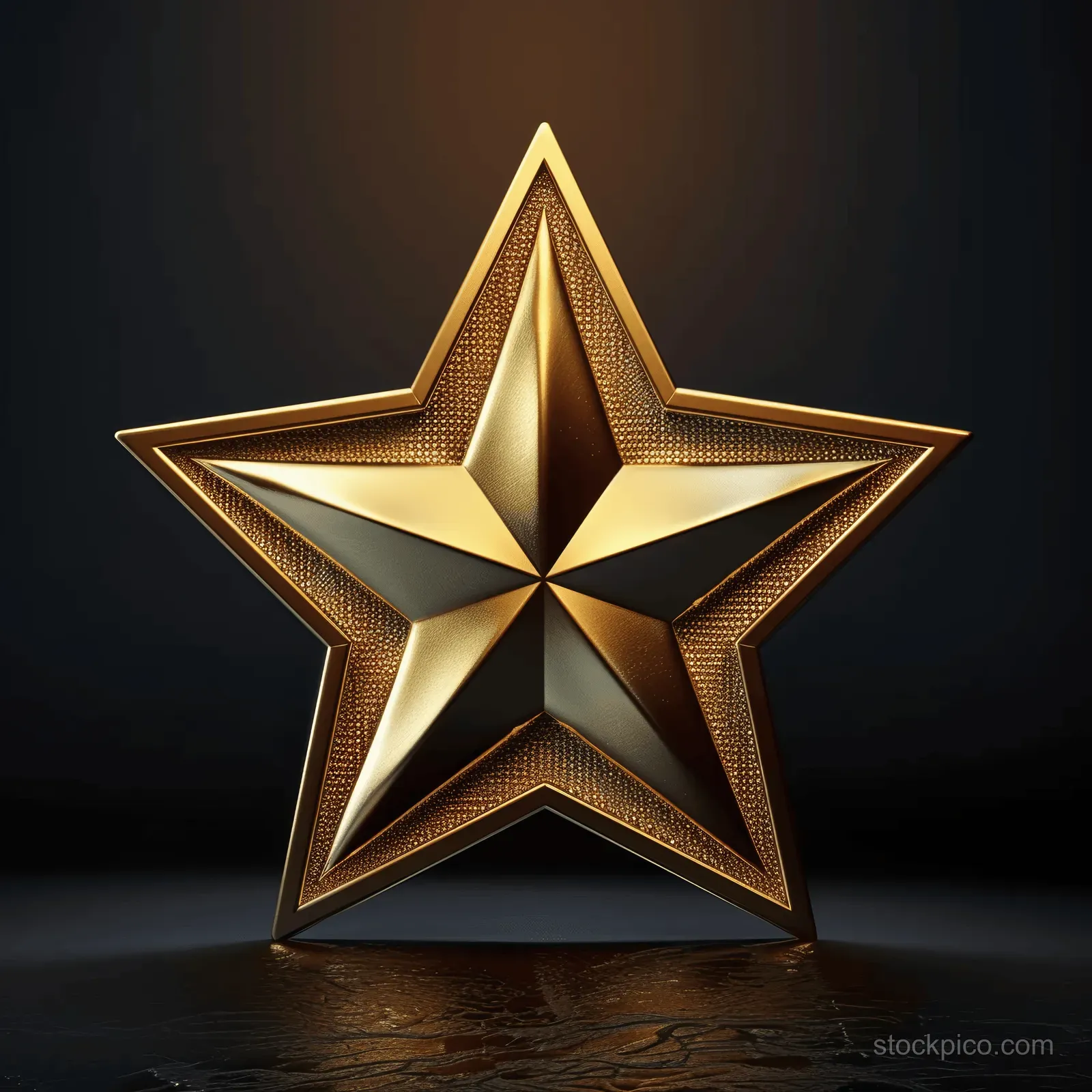 A centered 3D golden star icon with glowing edges on a dark background.