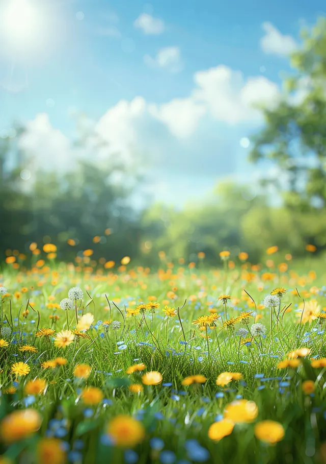 Sunlit spring meadow with dandelions and wildflowers under clear blue sky