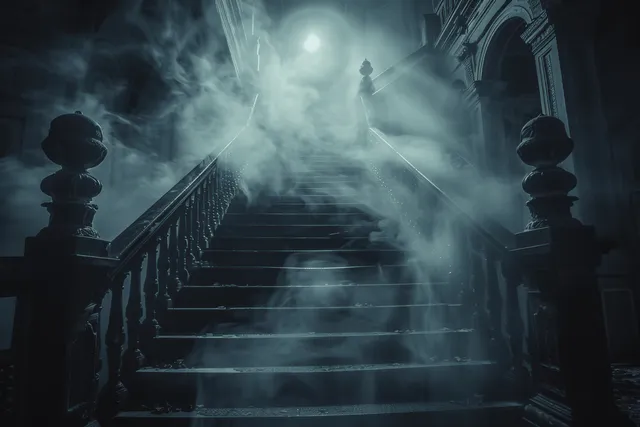 Fog drifts up a haunted mansion staircase as ghostly silhouettes and a glowing light beam appear between shadows.