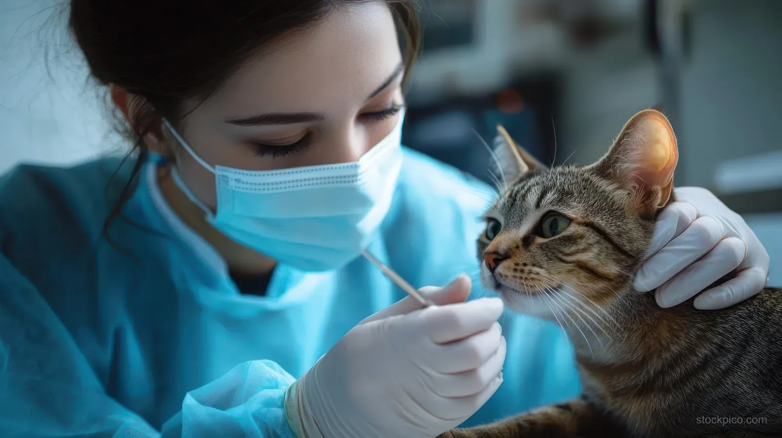 A veterinarian in gloves gently examines a calm tabby cat’s face inside a veterinary clinic.