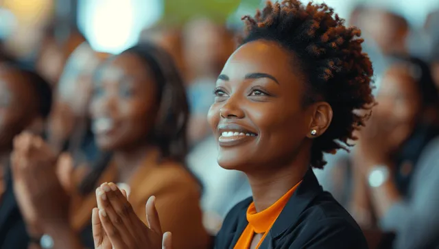 Diverse audience members clap with raised hands in a softly blurred conference auditorium.