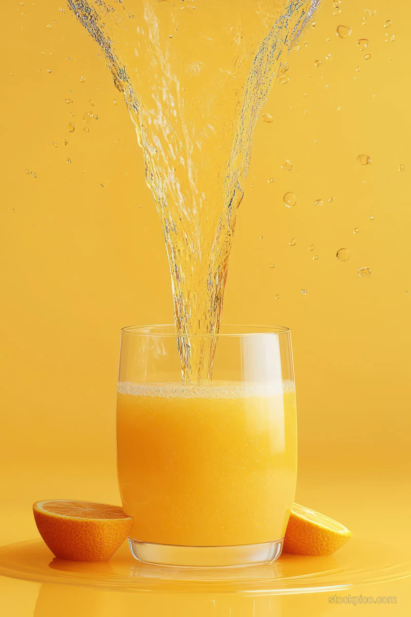 Orange juice pours into a glass creating an upward splash and floating droplets on a bright yellow background.