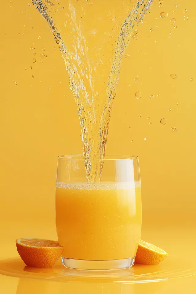 Orange juice pouring into a glass with floating droplets against a bright yellow backdrop