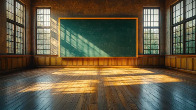 Empty classroom interior with a chalkboard and dramatic sunbeams creating long shadows on the wooden floor.