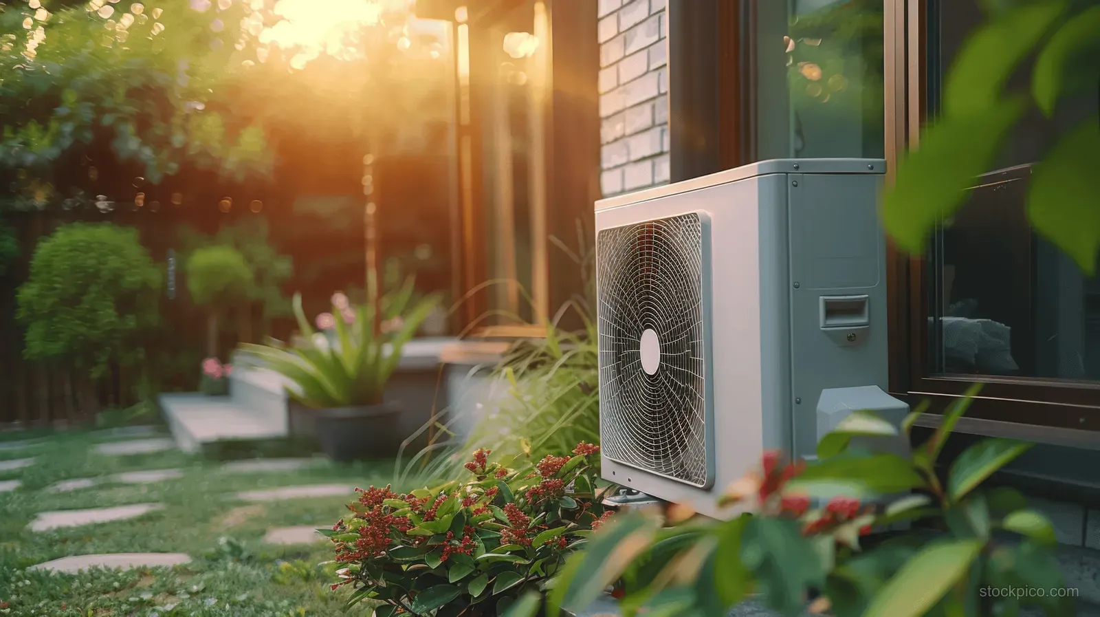 Outdoor air conditioner unit in a sunlit garden beside a home wall with soft bokeh background lights.