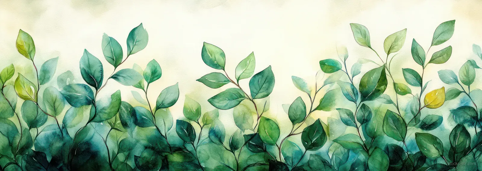 Watercolor leaves and twigs create a layered botanical border with soft light and translucent green tones.