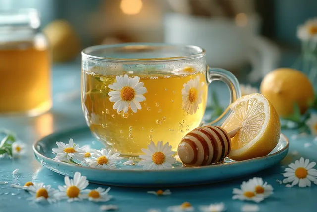 Golden chamomile tea in a glass cup with visible daisy flowers, honey drizzle, and lemon slices on a blue tray.