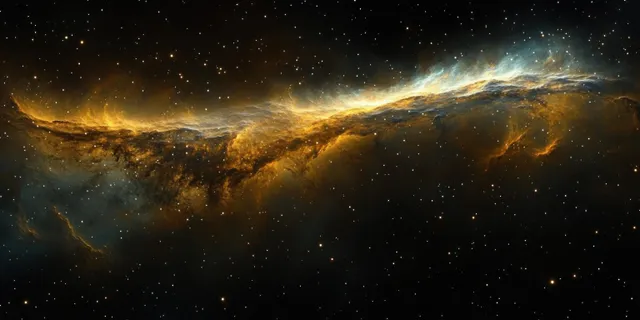 Golden and green nebula glowing across a dense star field in a panoramic spherical space scene.