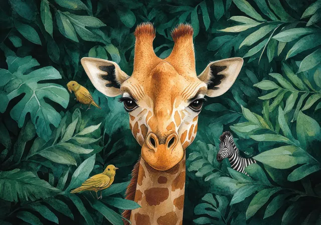 Watercolor giraffe face surrounded by layered tropical leaves and small birds in the background.